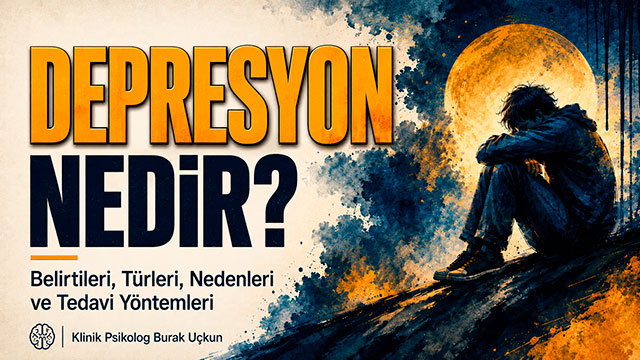 Depresyon nedir sorusunu, belirtileri, türleri, nedenleri ve tedavi yöntemleriyle anlatan psikoloji makalesi görseli.