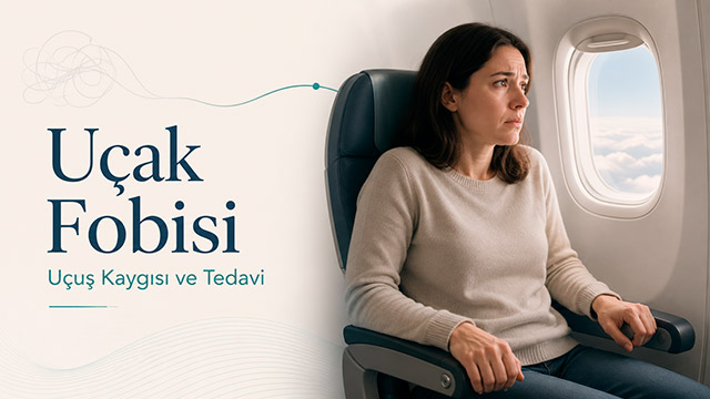 Uçak korkusu yaşayan bir yolcunun uçuş sırasında kaygı belirtileriyle başa çıkmaya çalışması.
