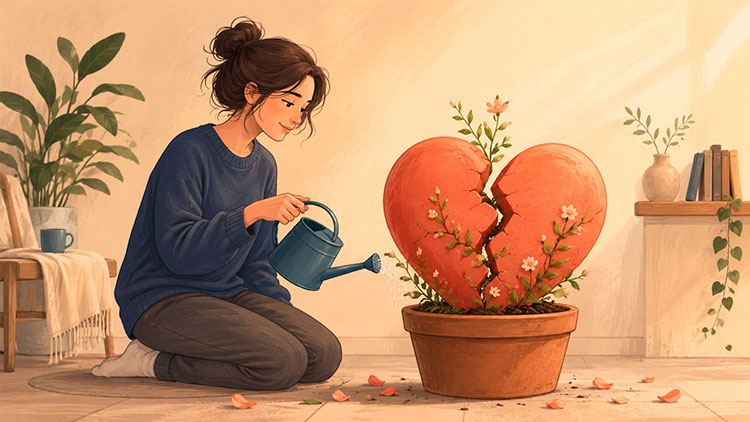 Ayrılık Acısı Nasıl Geçer? Ayrılığı Atlatmanın Psikolojisi 1 Ayrılık acısını atlatmayı simgeleyen, çatlamış kalbi sulayan kadın ve kalpten filizlenen çiçekler