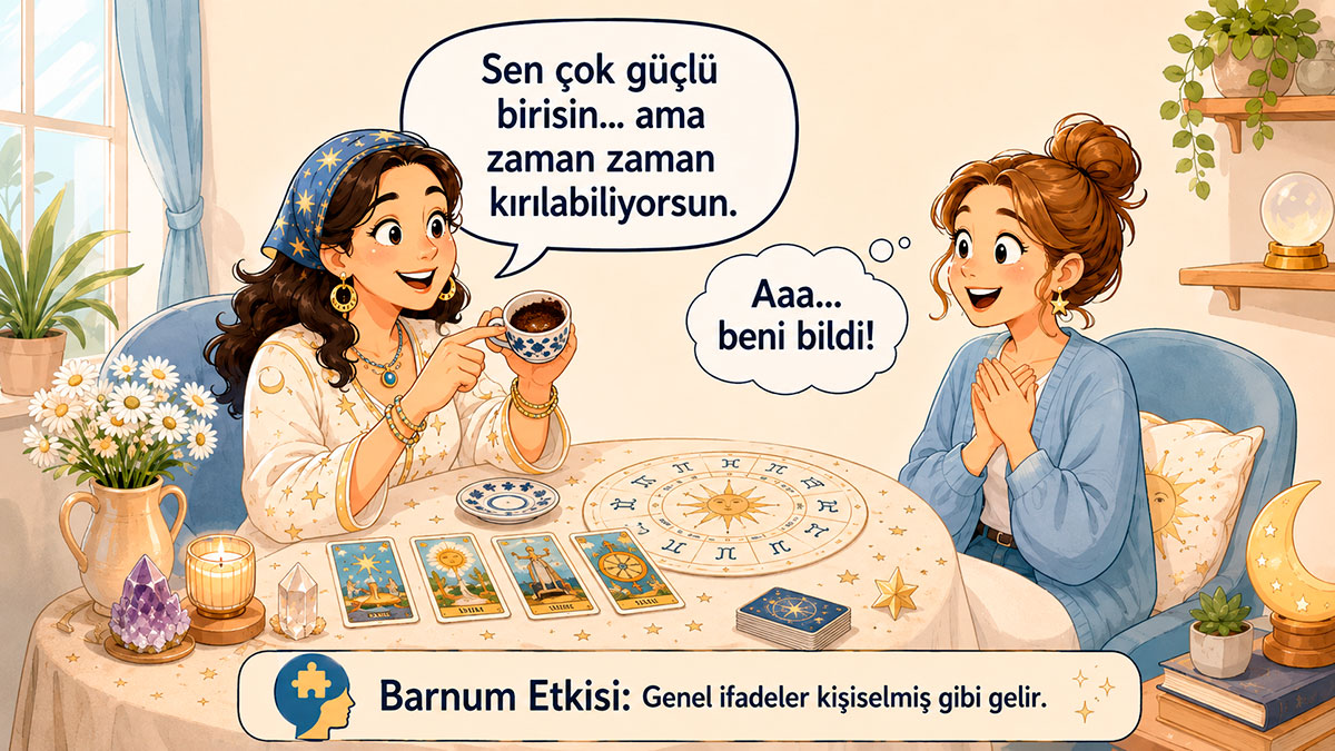 Burç yorumlarının ve falların psikolojik etkileri: Kahve falına bakan falcı ve Barnum etkisini anlatan karikatür