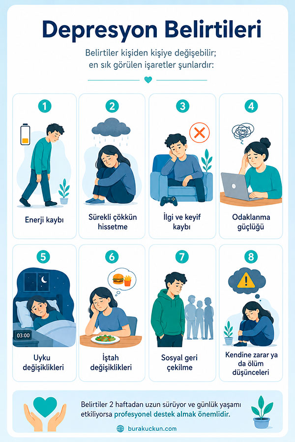 Depresyon belirtilerini enerji kaybı, çökkün hissetme, ilgi kaybı, odaklanma güçlüğü, uyku ve iştah değişiklikleri üzerinden anlatan infografik