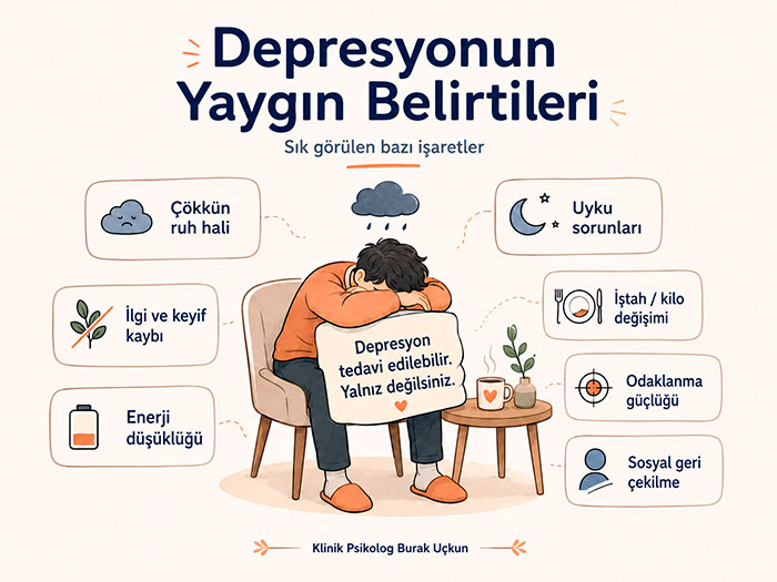 Depresyonun ne olduğunu, yaygın belirtilerini; çökkün ruh hali, ilgi kaybı, enerji düşüklüğü, uyku sorunları, iştah değişimi, odaklanma güçlüğü ve sosyal geri çekilme başlıklarıyla gösteren infografik.