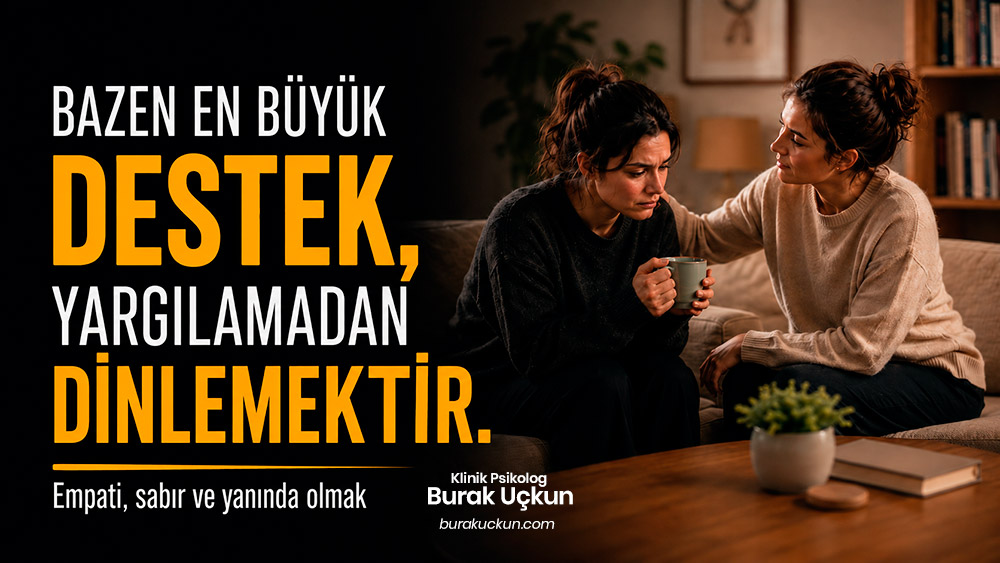 Depresyondaki birine nasıl yardım edilir konusunu anlatan, yargılamadan dinlemenin önemini vurgulayan görsel