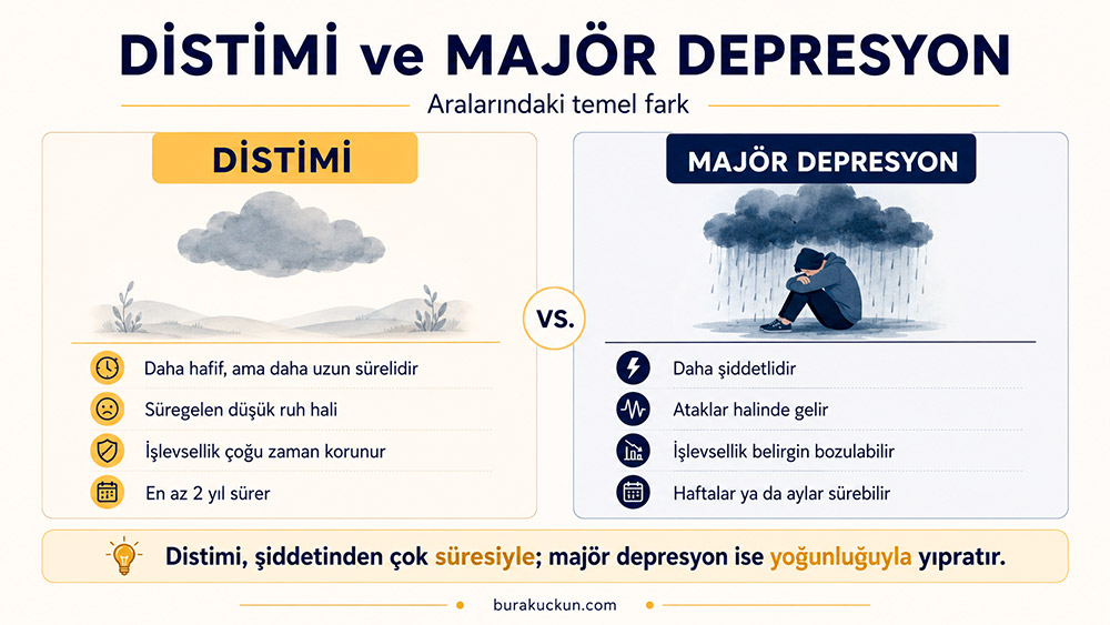 Distimi (Süreğen Depresyon) | "Ben Zaten Böyleyim" Yanılgısı 1 Distimi ve majör depresyonun süre, şiddet ve işlevsellik farklarını gösteren karşılaştırmalı infografik