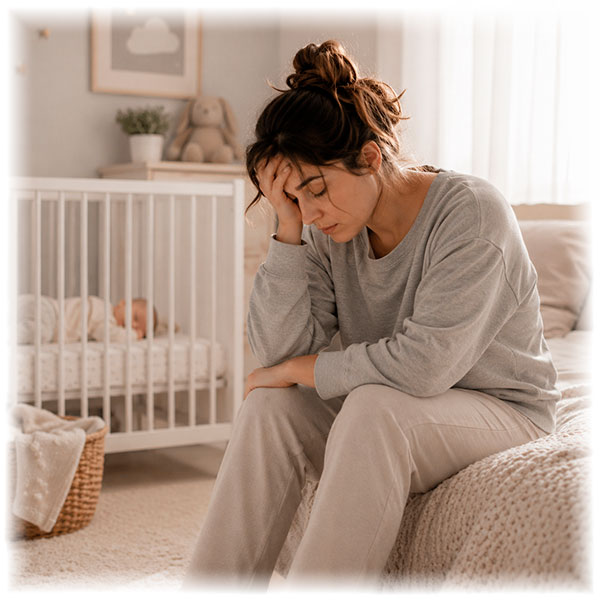 Doğum sonrası depresyon yaşayan bir annenin, bebek beşiğinin yanında yorgun ve çökkün şekilde oturduğunu gösteren görsel.