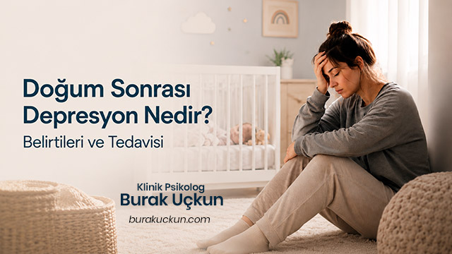 Doğum Sonrası Depresyon Nedir? Belirtileri ve Tedavisi başlıklı görselde, beşik yanında yorgun ve üzgün görünen bir anne.