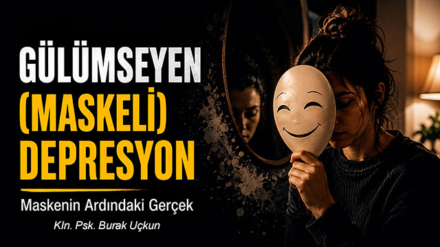 Gülümseyen maskenin arkasında üzüntüsünü saklayan bir kadın; gülümseyen maskeli depresyonu simgeleyen blog görseli
