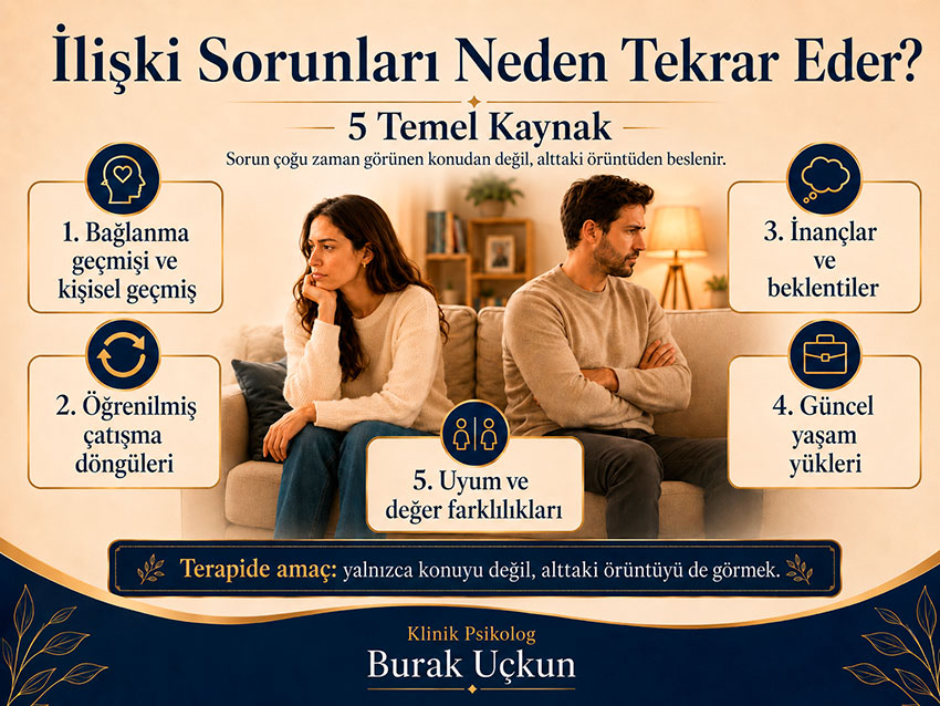 İlişki sorunları neden tekrar eder? 5 temel kaynağı gösteren bilgilendirici görsel