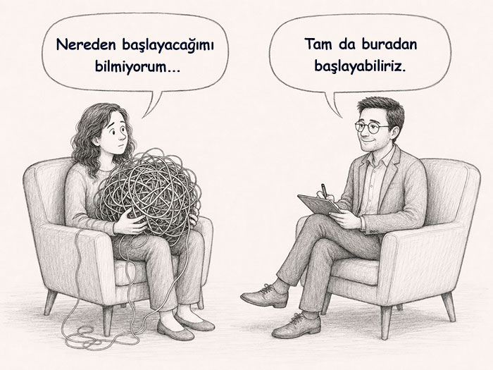 İlk terapi seansında kadın danışan “Nereden başlayacağımı bilmiyorum” diyor; erkek psikolog “Tam da buradan başlayabiliriz” diye yanıtlıyor.