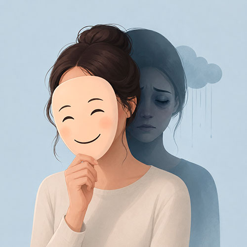 Gülümseyen bir maskenin arkasında üzgün yüzünü saklayan kadın illüstrasyonu; maskeli depresyonu simgeler