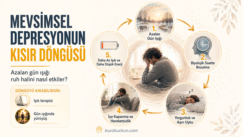 Mevsimsel depresyonda azalan gün ışığı, biyolojik saat bozulması, aşırı uyku ve içe kapanma döngüsünü gösteren infografik