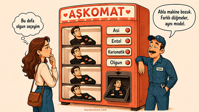 Neden hep aynı tip insanlara aşık oluyorum konusunu anlatan, tekrar eden ilişki seçimlerini mizahi şekilde gösteren karikatür