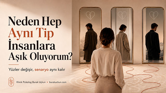 Neden hep aynı tip insanlara aşık oluyorum başlıklı, ilişki örüntülerini anlatan blog görseli