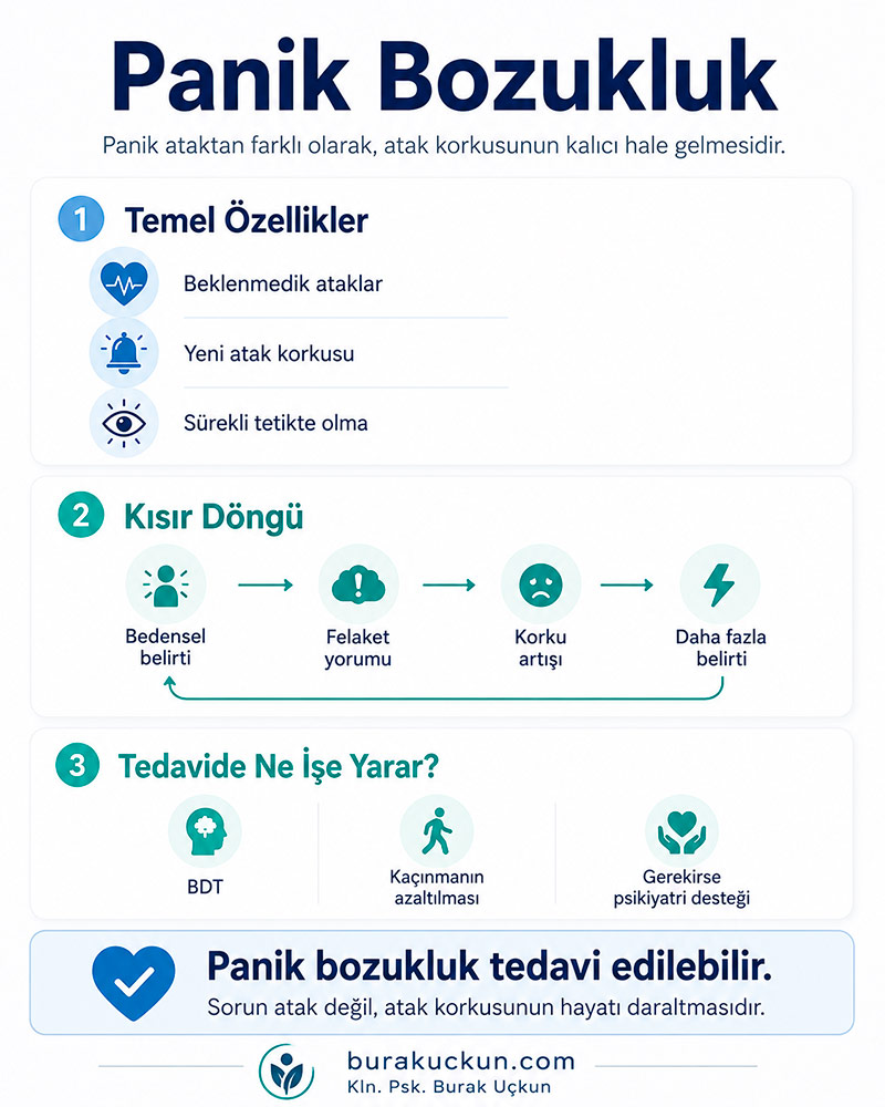 Panik bozuklukta atak korkusu, kısır döngü ve tedavi sürecini anlatan infografik