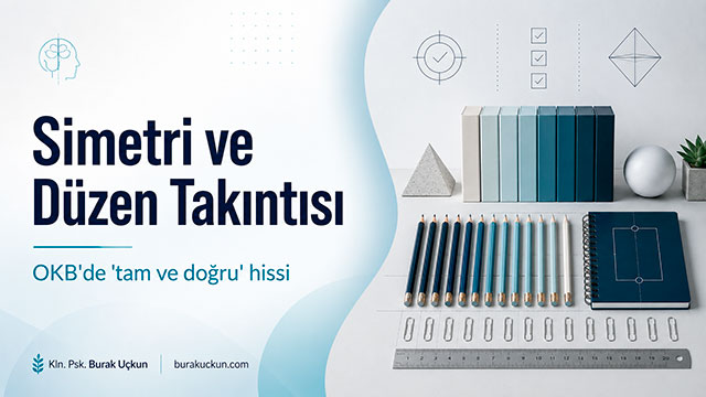 Simetri ve düzen takıntısını temsil eden, hizalanmış kalemler, kitaplar ve düzenli nesnelerden oluşan OKB görseli