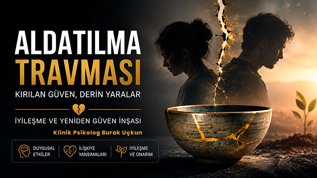 Aldatılma travmasında kırılan güveni, duygusal uzaklaşmayı ve iyileşme sürecini simgeleyen sırt sırta duran çift ile altınla onarılmış seramik kase