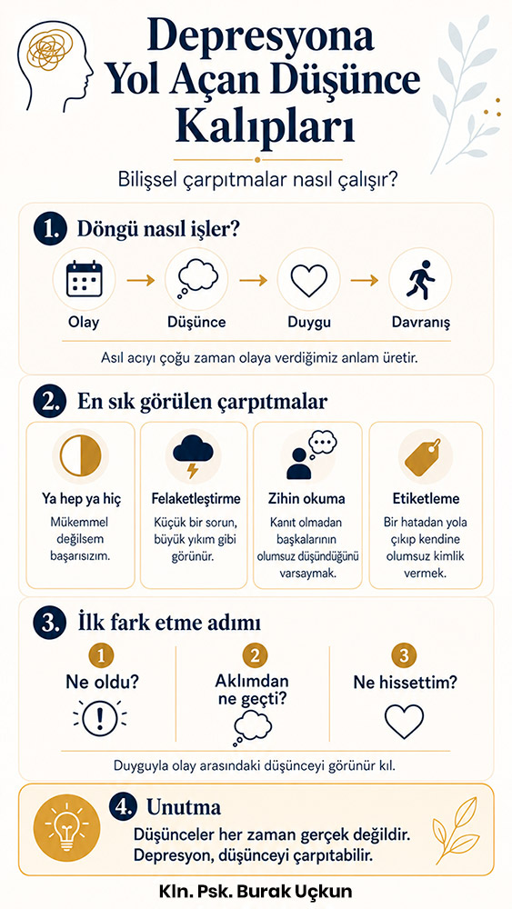 Depresyona yol açan düşünce kalıpları ve bilişsel çarpıtmaları özetleyen infografik