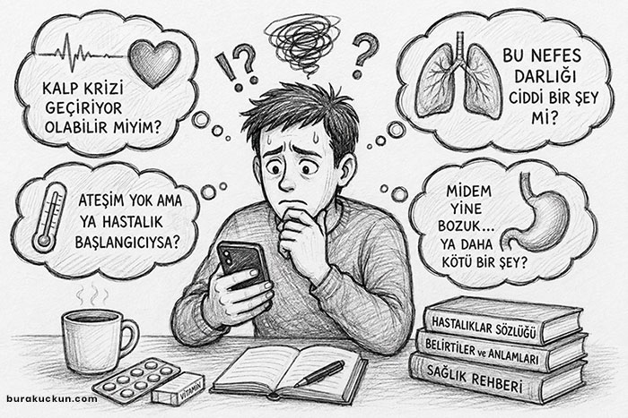 Telefonundan hastalık belirtilerini araştırırken kalp, nefes, ateş ve mide belirtilerinden endişelenen kişi