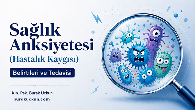 Sağlık anksiyetesi ve hastalık kaygısını simgeleyen büyüteç altındaki karikatürize mikroplar